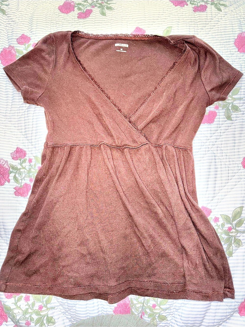 Hollister Easy Short-Sleeve Lace Trim Babydoll Top Brown Medium